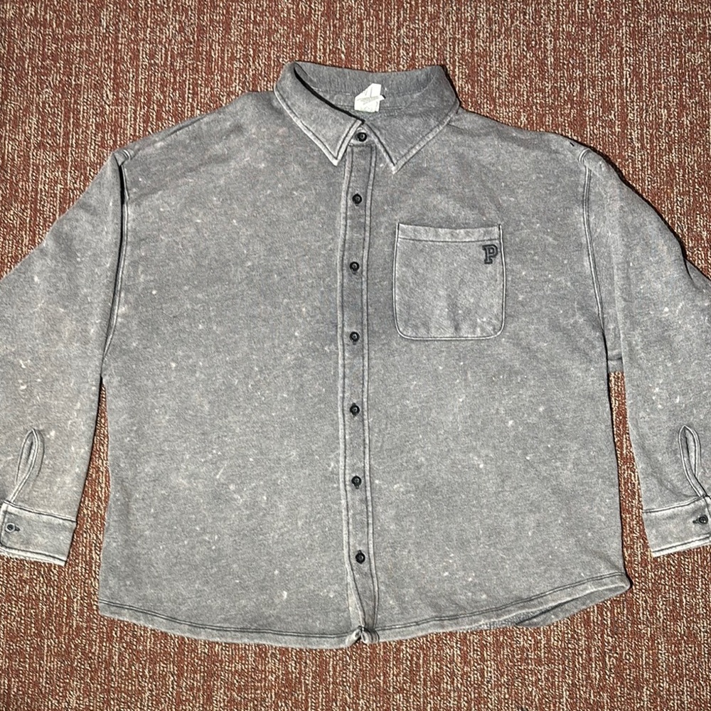 Pink Casual Gray Button-Down Shirt distressed oversize baggy loose fit casual